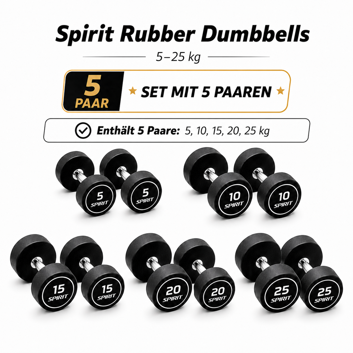 Spirit Fitness Round Rubber Kurzhantel 5 Paar Set mit Hantelablage