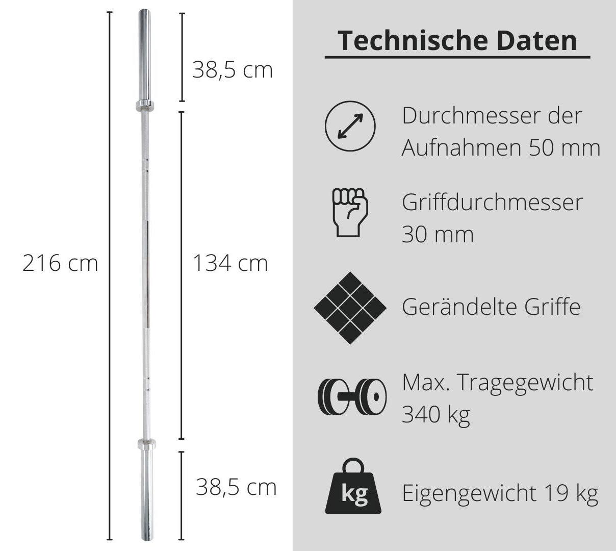 FUEL Fitness Olympia Langhantelstange 216cm bis 340kg inkl. Schnellverschlüsse